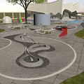 Family Friendly Garden Landscape With Children Play Area Fountain Cherry Blossom Trees And Modern Architecture