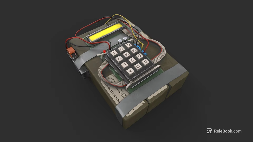 Improvised Weapon With Numeric Keypad Wires Yellow Tube Wrapped On Dark Background 3d model 