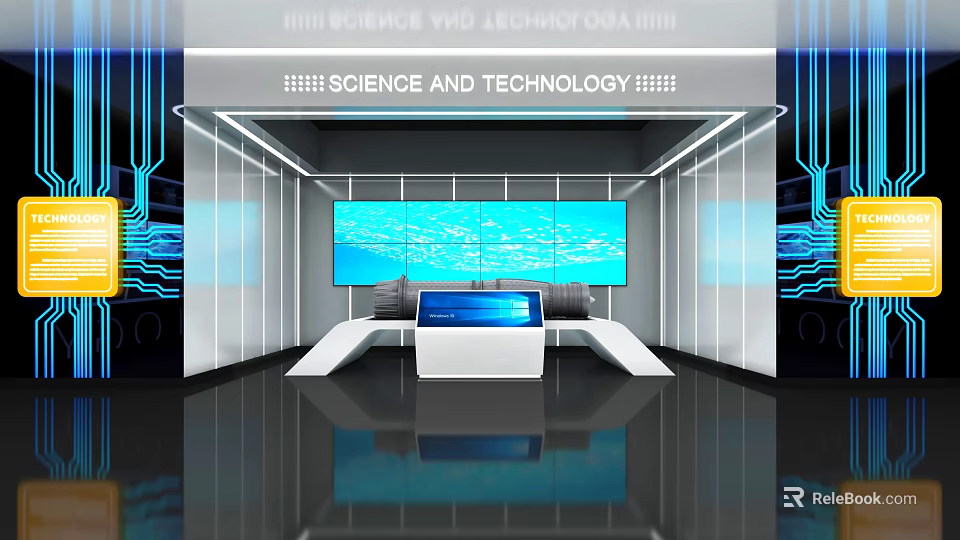 Modern Science Technology Space With Large Digital Screens Control Panel And Futuristic Lighting Design 3d model