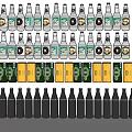 Stylish Wine Bottles And Glasses Display With Black Gold Green Bottles And Labels