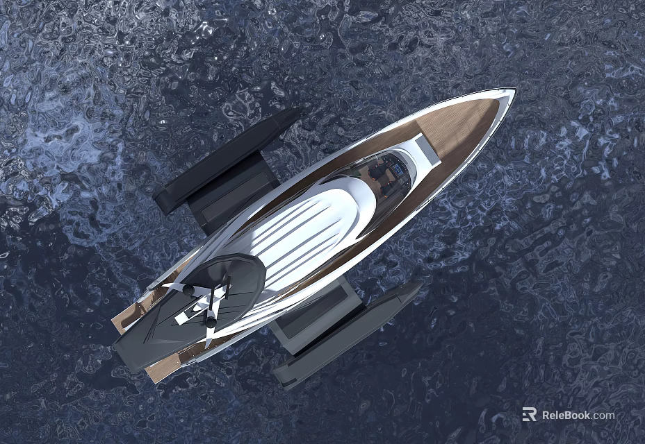 Aerial View Of Modern Yacht With Wooden Deck And Propulsion System On Water 3d model 