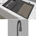 Modern Kitchen Sink With Wooden Cover And Black Faucet On Marble Countertop