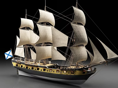 Highly Detailed Sailing Ship Model With White Sails And Blue Flag 3d model