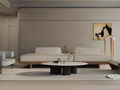 Serene Minimalist Living Room With Neutral Sofa And Abstract Wall Art 3d model