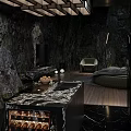 Modern Kitchen Interior With Black Cabinets Marble Island And Mountain View Design