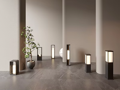 Sleek Modern Outdoor Lights In Minimalist Outdoor Area With Plants 3d model