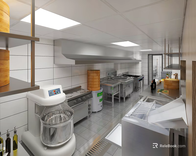 Restaurant Commercial Kitchen Featuring Stainless Steel Worktables Mixer Bamboo Steamers Range Hood And Tile Walls 3d model 