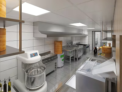 Restaurant Commercial Kitchen Featuring Stainless Steel Worktables Mixer Bamboo Steamers Range Hood And Tile Walls 3d model