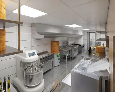 Restaurant Commercial Kitchen Featuring Stainless Steel Worktables Mixer Bamboo Steamers Range Hood And Tile Walls 3d model