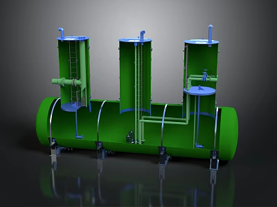 Green Industrial Equipment Structure With Three Vertical Tanks And Horizontal Pipeline 3d model