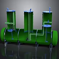 Green Industrial Equipment Structure With Three Vertical Tanks And Horizontal Pipeline