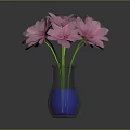 Elegant Blue Glass Vase With Pink Purple Flowers And Green Stems