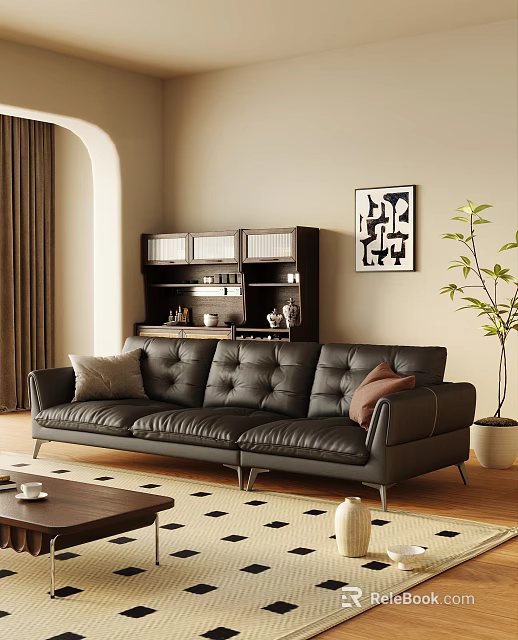 Black Leather Three-Seat Sofa In Modern Living Room With Wooden Bookshelf Abstract Art Potted Plant 3d model 