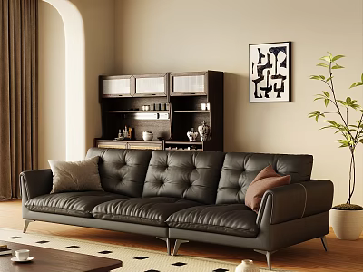 Black Leather Three-Seat Sofa In Modern Living Room With Wooden Bookshelf Abstract Art Potted Plant 3d model