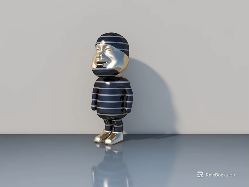 Silver And Black Striped Humanoid Doll Standing On Gray Surface With Shadow And Reflection 3d model 