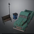 Outdoor Street Scene With Green Vintage Truck Wooden Bench Street Lamp And Trash Bin