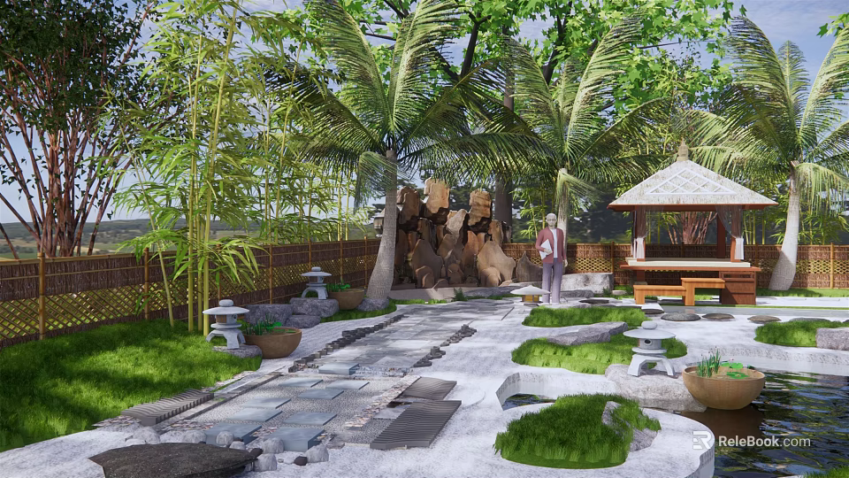Karesansui Dry Landscape Garden With Palm Trees Bamboo Gazebo Rock Formations And Stone Pathway 3d model 