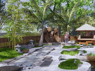Karesansui Dry Landscape Garden With Palm Trees Bamboo Gazebo Rock Formations And Stone Pathway 3d model