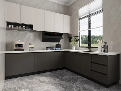 Modern Kitchen Interior Design With Gray White Cabinets Countertop And Window Appliances 3d model