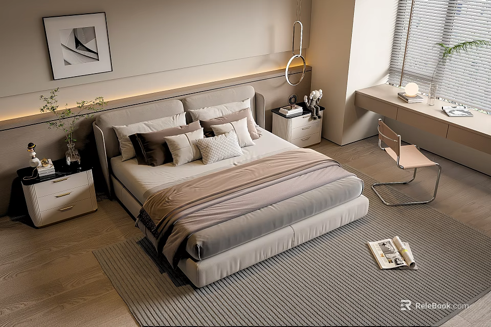Modern Double Bed Bedroom With Neutral Tones Pillows Bedspread And Bedside Tables 3d model 