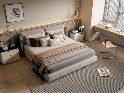Modern Double Bed Bedroom With Neutral Tones Pillows Bedspread And Bedside Tables 3d model
