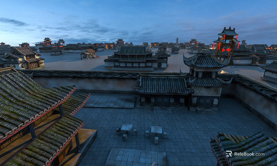 Ancient Chinese Architecture With Classic Curved Roofs Stone Tiles Courtyard Tables Chairs And Historical Towers 3d model 