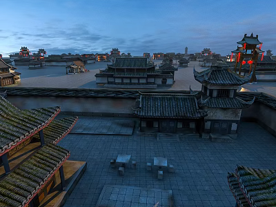 Ancient Chinese Architecture With Classic Curved Roofs Stone Tiles Courtyard Tables Chairs And Historical Towers 3d model