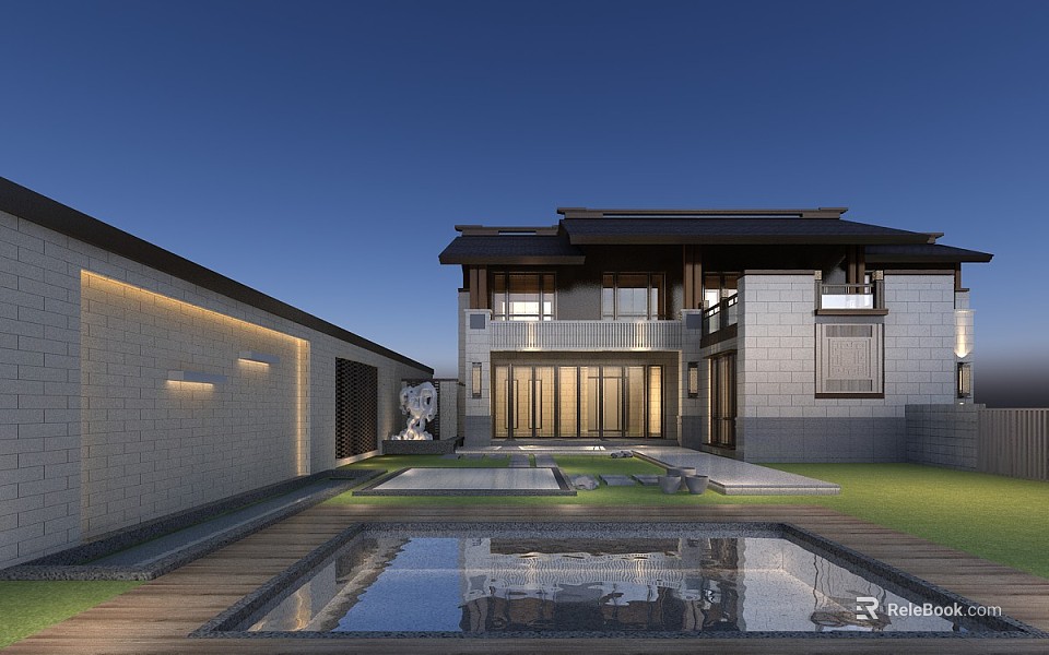 Modern Chinese Style Detached Villa Exterior With Courtyard Pool And Traditional Design 3d model 