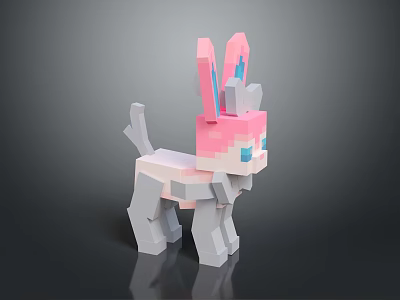 Pixelated Pink And White Rabbit Toy With Long Ears And Blue Eyes 3d model