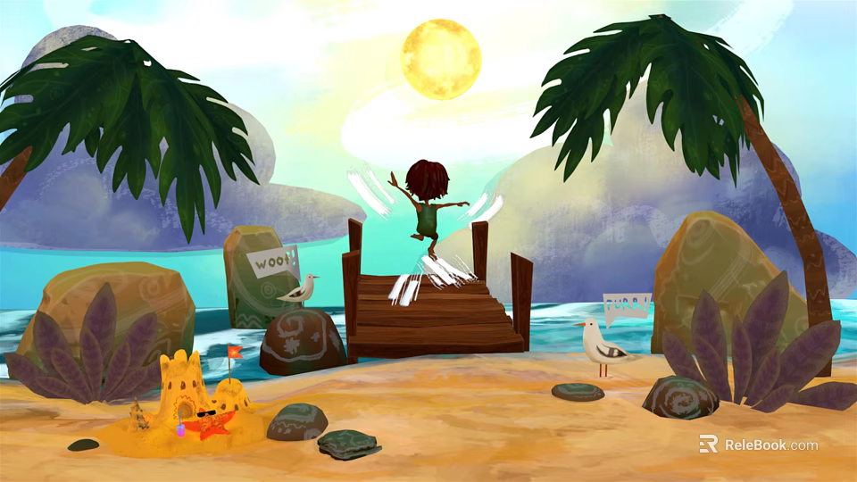 Cartoon Beach Scene Boy Jumping On Wooden Bridge With Palm Trees Sun Seagulls Welcome Sign 3d model 