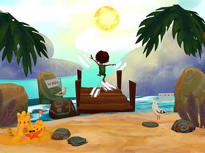 Cartoon Beach Scene Boy Jumping On Wooden Bridge With Palm Trees Sun Seagulls Welcome Sign 3d model
