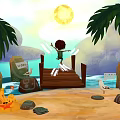 Cartoon Beach Scene Boy Jumping On Wooden Bridge With Palm Trees Sun Seagulls Welcome Sign