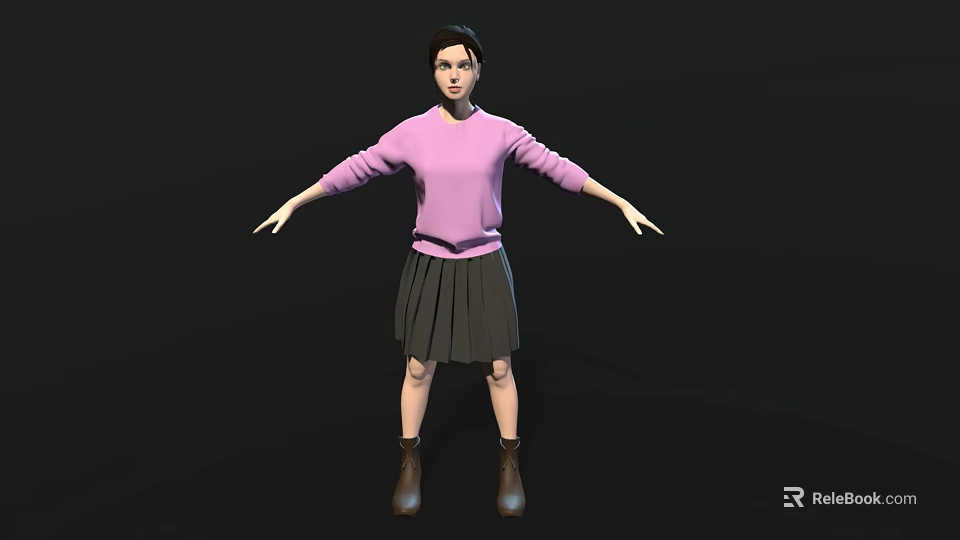 Woman Wearing Pink Sweater Black Pleated Skirt And Brown Boots With Arms Outstretched Black Background 3d model 