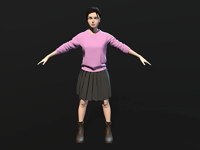 Woman Wearing Pink Sweater Black Pleated Skirt And Brown Boots With Arms Outstretched Black Background 3d model
