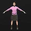 Woman Wearing Pink Sweater Black Pleated Skirt And Brown Boots With Arms Outstretched Black Background