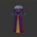 Red Victorian Style Long Dress With White Ruffled Collar And Yellow Trims