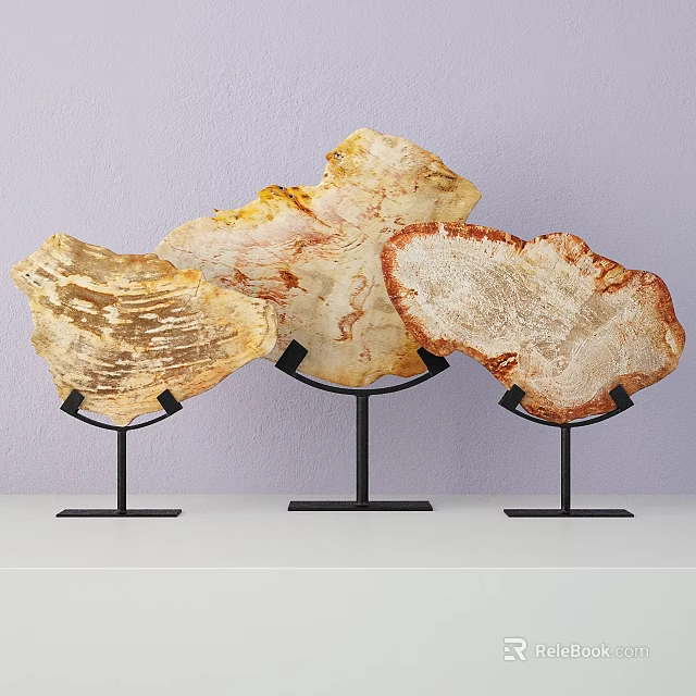 Decorative Ornaments Set Three Natural Agate Slices on Black Metal Stands for White Shelf Decoration 3d model 