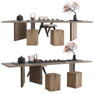 New Chinese Style Tea Table and Chair Tea Table and Chair Combination Tea Table Solid Wood Low Stool Vase Ornaments Tea Set Cendant Casual Chair 3d model