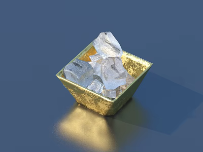 Golden Bowl Filled With Transparent Shiny Ice Cubes On Blue Surface 3d model