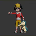 Game Character Boy Wearing Yellow Cap Red Shirt Yellow Shorts With Small Blue White Creature