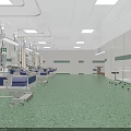 Hospital Ward Interior With Multiple Medical Beds Equipment Green Floor And Ceiling Lights