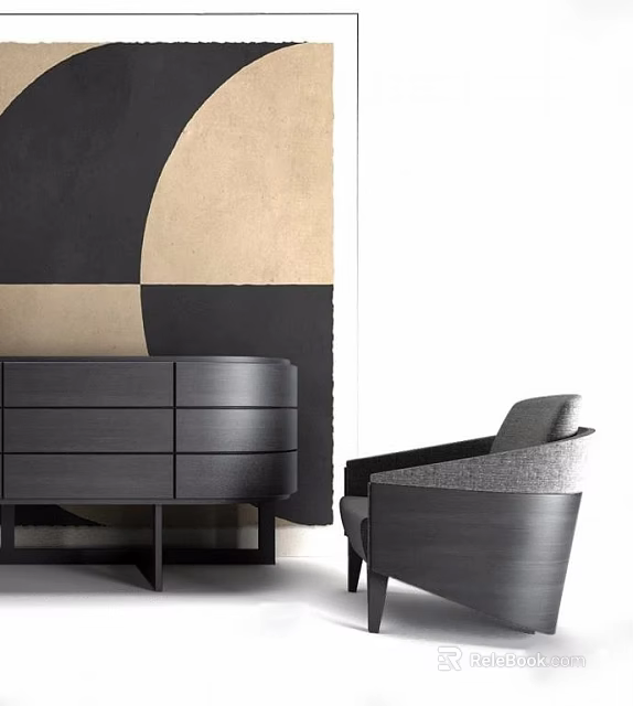 Gray Upholstered Single Sofa with Dark Drawer Chest and Beige Geometric Pattern Wall 3d model