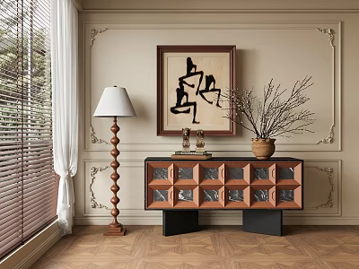 Entryway Cabinet Sideboard With Glass Door Design Decorative Painting And Herringbone Wooden Floor 3d model