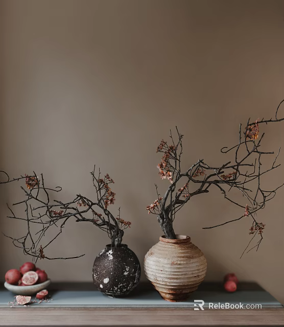 Home Decor With Two Textured Vases Black Branches And Red Flowers On Light Brown Wall 3d model 