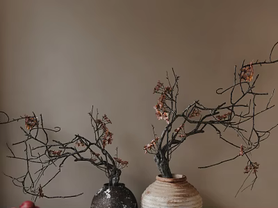 Home Decor With Two Textured Vases Black Branches And Red Flowers On Light Brown Wall 3d model