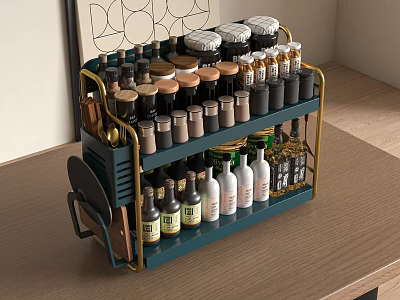 Organized Condiment Bottles On Blue And Gold Double Layer Storage Rack For Kitchen Wooden Countertop 3d model