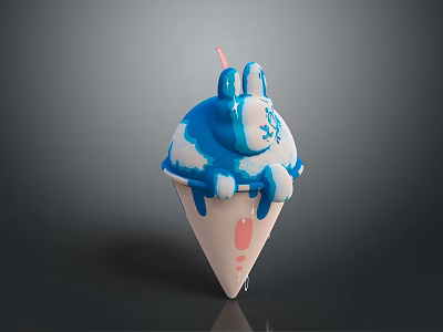 Dripping Blue And White Ice Cream Cone With Rabbit Ear Design And Pink Straw 3d model