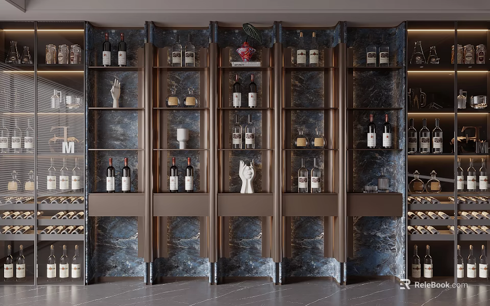 Elegant Modern Wine Cabinet With Glass Shelves Wine Bottles And Decorative Displays 3d model 
