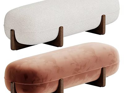 Elegant Fabric Sofa Benches With Wooden Legs In White And Pink Hues 3d model