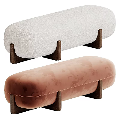 Elegant Fabric Sofa Benches With Wooden Legs In White And Pink Hues 3d model